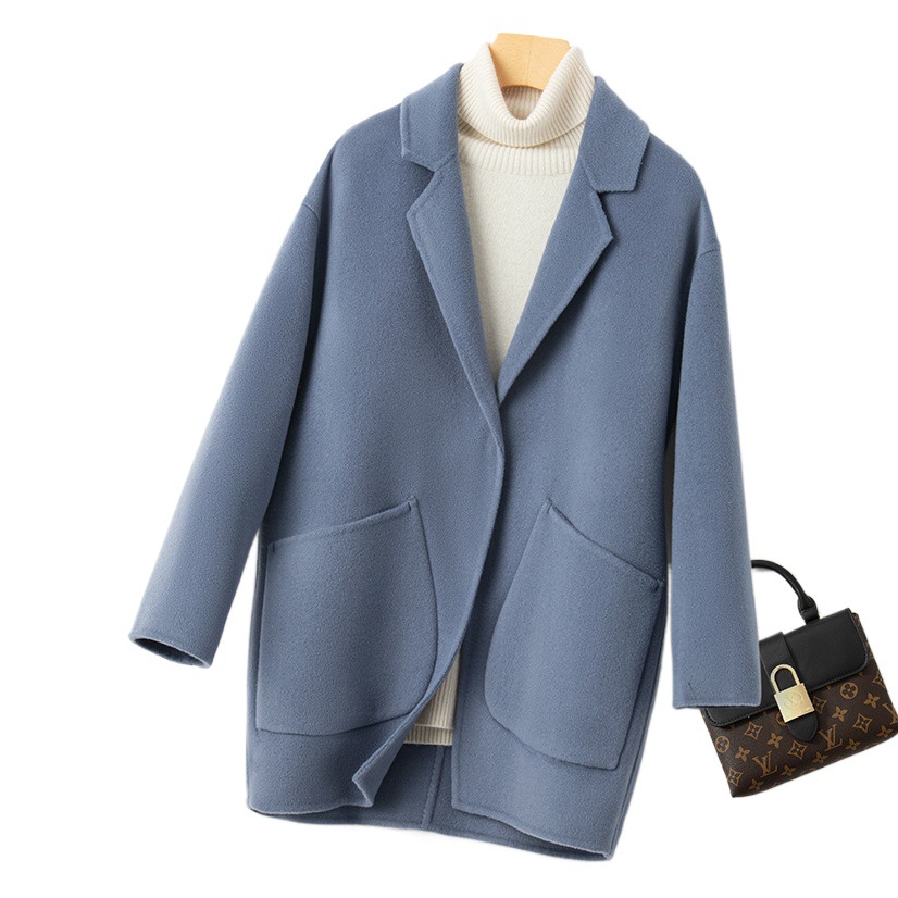 Slimming Cocoon-Shaped Double-Sided Wool Coat for Women, Mid-Length Loose Woolen Jacket for Petite Women with Large Lapels