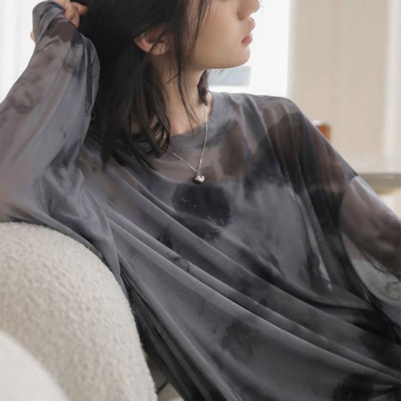 Picture of 2025 New Loose Korean Style Tie-Dye Slightly See-Through Mesh Long-Sleeved T-Shirt, Stylish Sun Protection Bottoming Shirt, Thin Top for Women