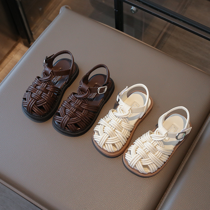 2025 Summer New Children's Sandals Girls 1-12 Years Old Baby Woven Casual Girls Baotou Beach Student Shoes