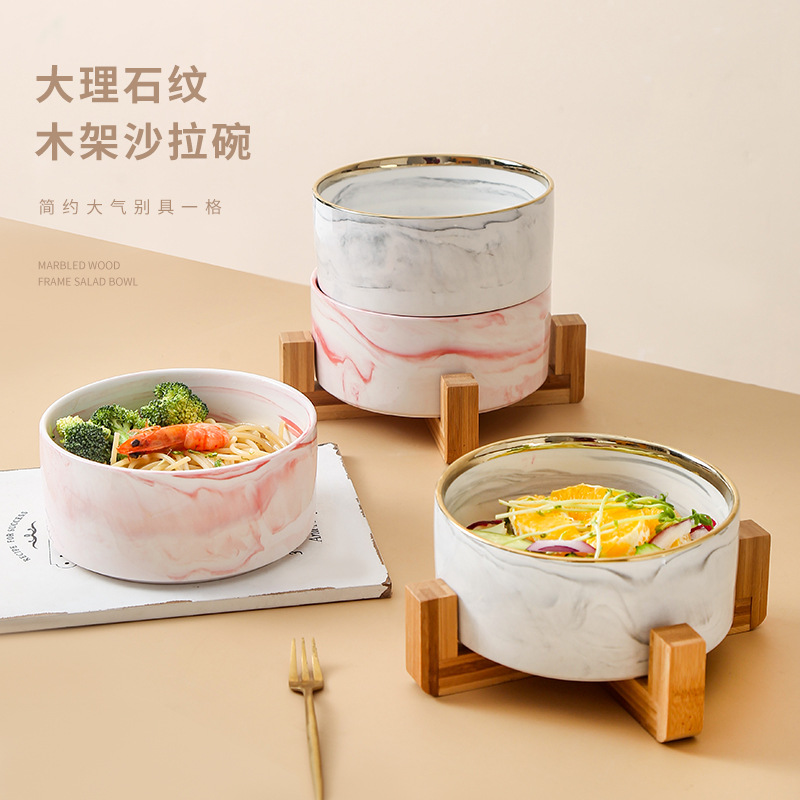 Nordic Noodle Bowl Soup Bowl Creative Marble Pattern Pet Bowl with Wooden Frame Cat Bowl Water Bowl Grain Bowl Soft Decoration Flower Pot