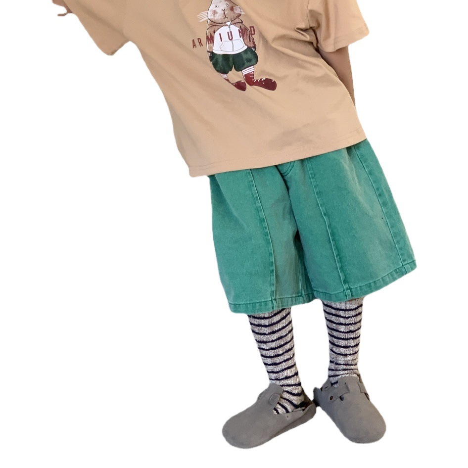 Children's Pants 2025 Summer Boys Korean Style Green Denim Five-Quarter Pants Kidsren's Loose Casual Mid-Pants