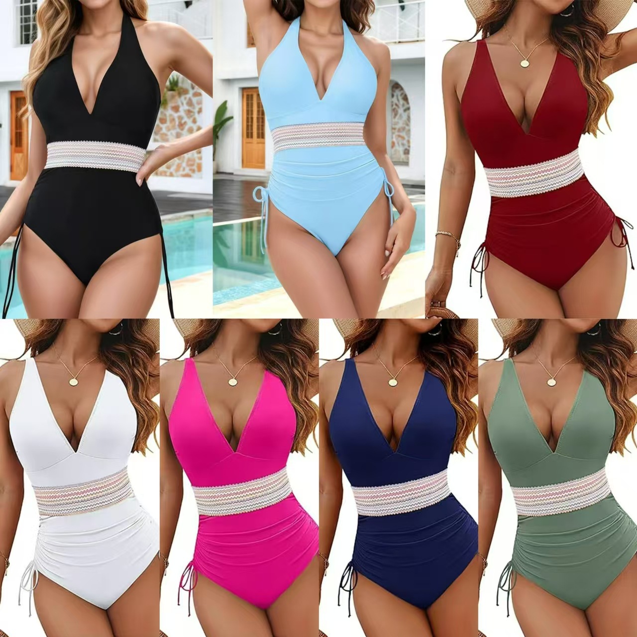2025 One-Piece Swimsuit Pure Color European and American Cross-Border Amazon Aliexpress Russian Swimsuit Women's Bikini Webbing Style