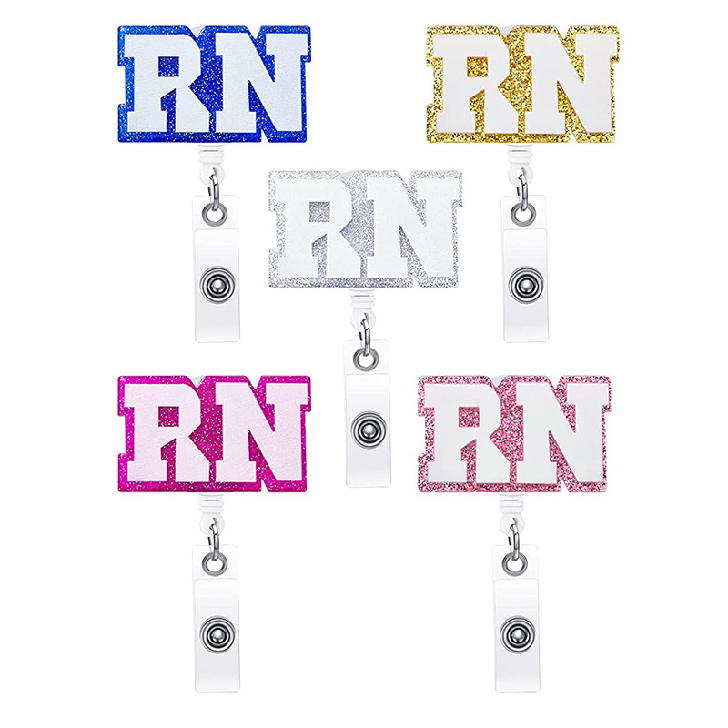 Acrylic glitter sequins nurse gift RN letter retractable badge reel rotating easy pull buckle