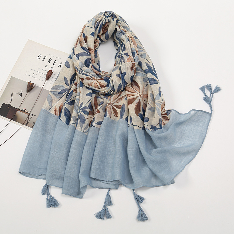 Picture of New Artistic Fresh Cotton and Linen Retro Tassel Scarf Women's Printed Beautiful Silk Scarf Japanese Sunscreen Shawl