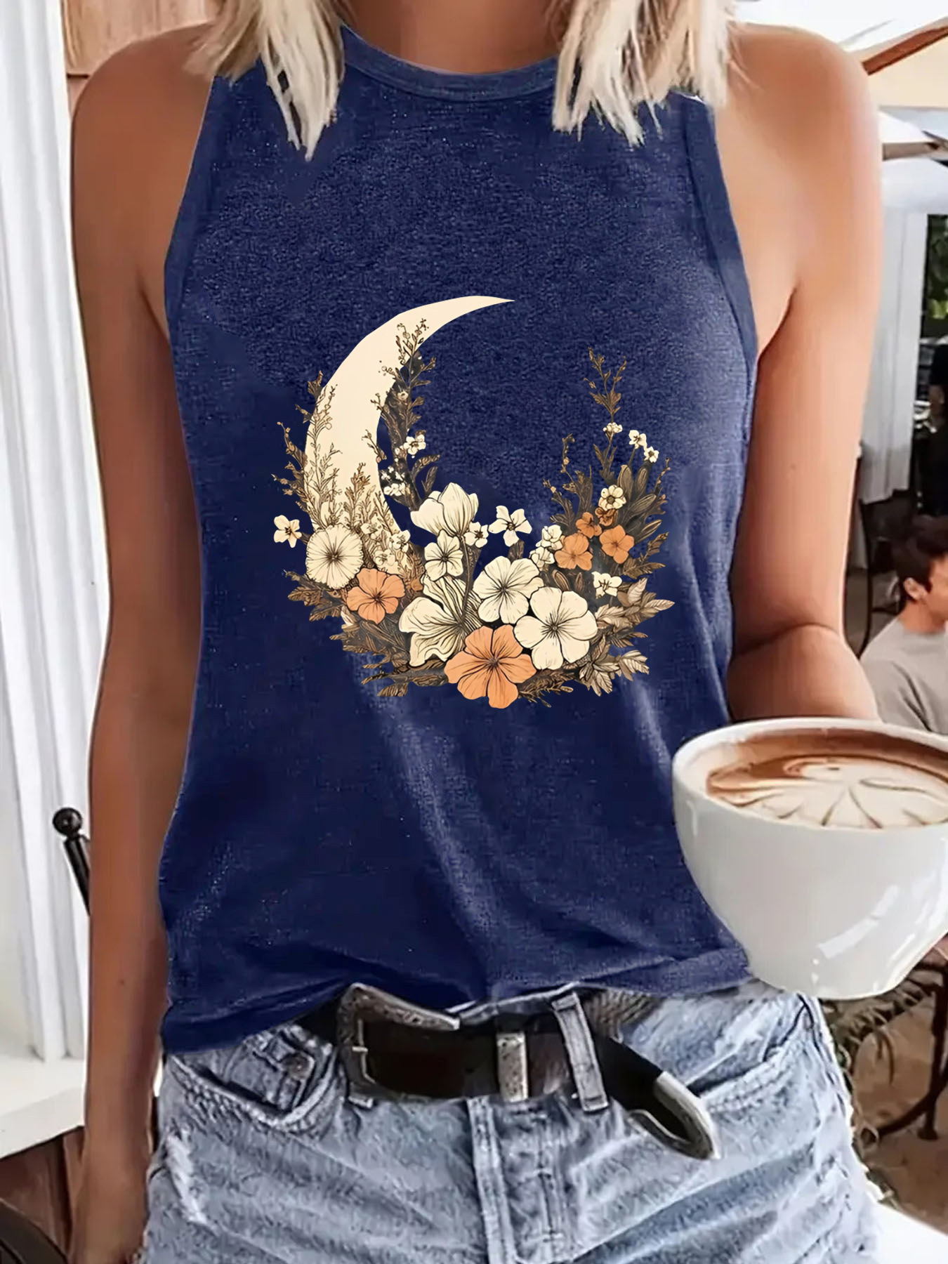 Amazon Hot Moon Flower Printed Spring and Summer Sleeveless Top T-Shirt Round Neck Pullover Foreign Trade Vest Women