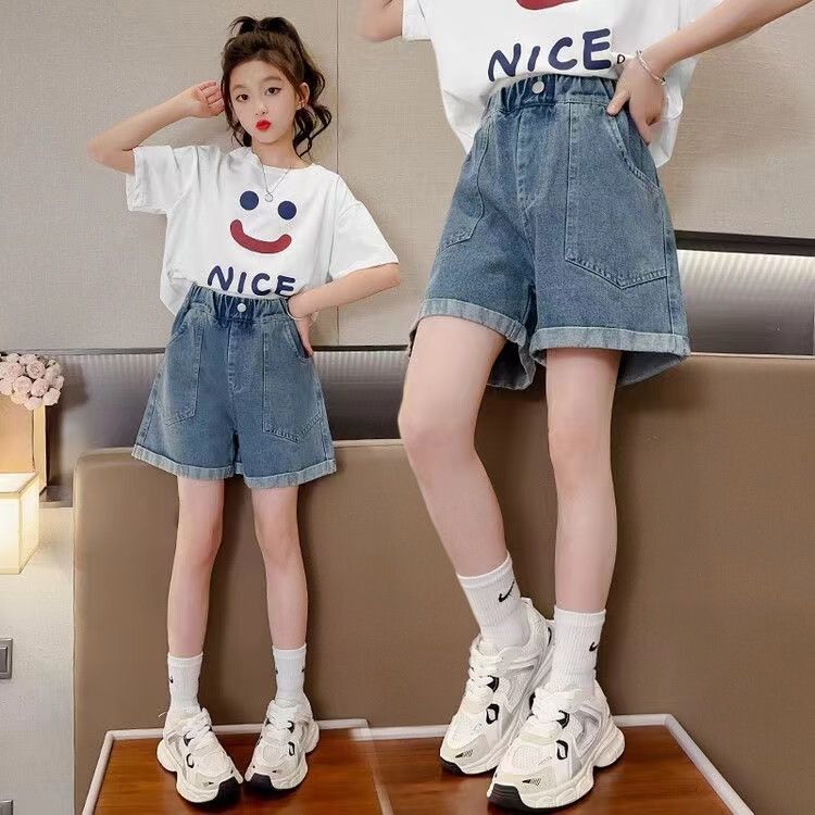 Girls' Jeans 2025 New Arrival Loose Western Style Children's Korean Style Mid-Big Children's Summer Shorts Roll-up Large Pocket Pants
