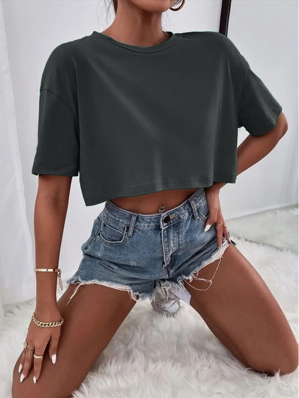 2025 European and American Clothing Cross-Border Amazon Wish Aliexpress Summer Pure Color Round Neck Loose Short Crop Top