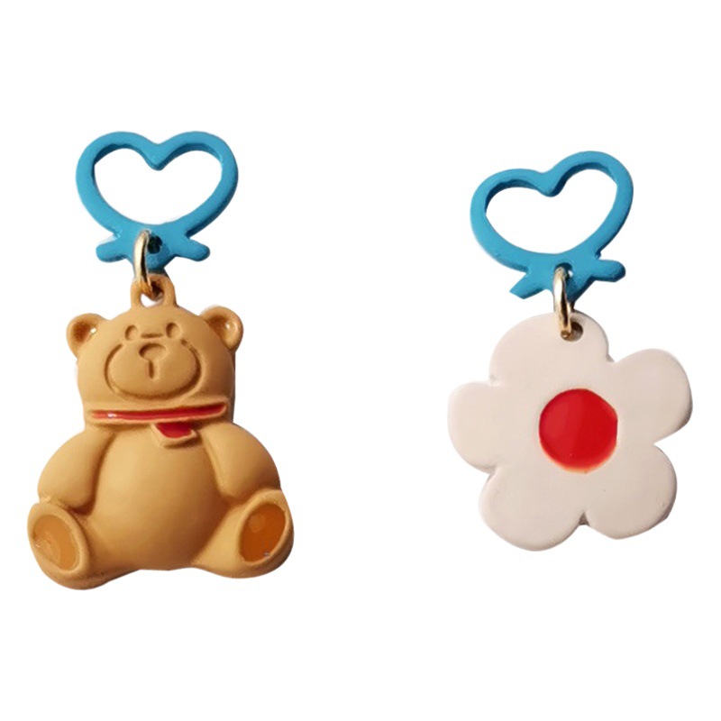 S925 Silver Needle Korean Cartoon Bear Earrings Temperament Contrast Color Flower Love Earrings Cute Girl Ear Clip 2419