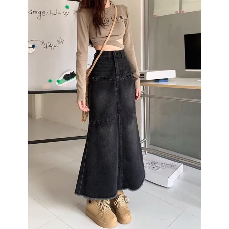 Fishtail Skirt High Waist Slim A- line Women 2025 New Arrival Skirt Denim Skirt Ins Trendy Black