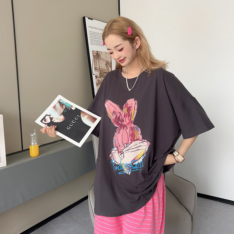 Women's pajamas summer new round neck cartoon graffiti rabbit ins style plus size casual loose outerwear homewear