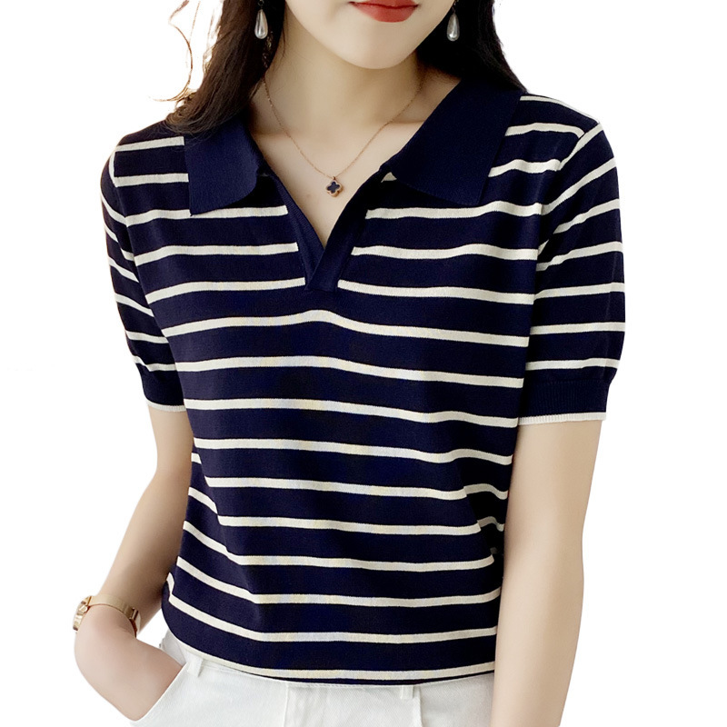 Picture of Polo Shirt Summer 2023 New Korean Striped Short-sleeved Knitted Shirt Women's Thin Slimming Polo Collar T-shirt