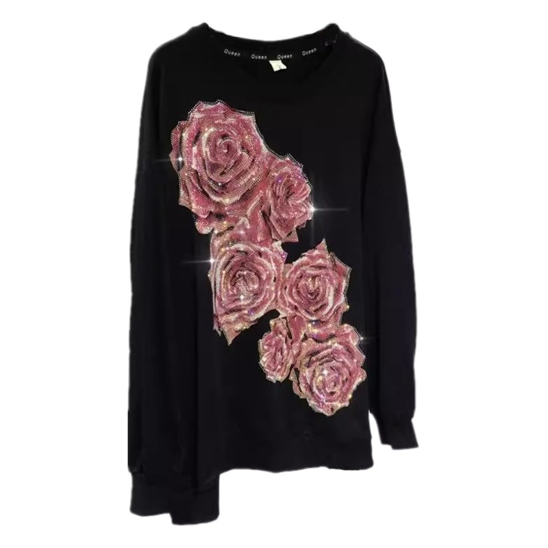 Super plus size 1.00 kg-150.00 kg Chubby M Heavy Industry Hot Drilling Sweater Women's Light Luxury Rose Round Neck Slim Long Sleeve Pullover Top