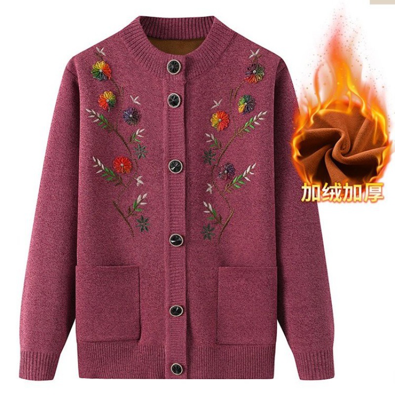 Picture of Knitted sweater plus velvet coat women's clothing for the elderly embroidered cardigan mother autumn warm sweater old lady clothing
