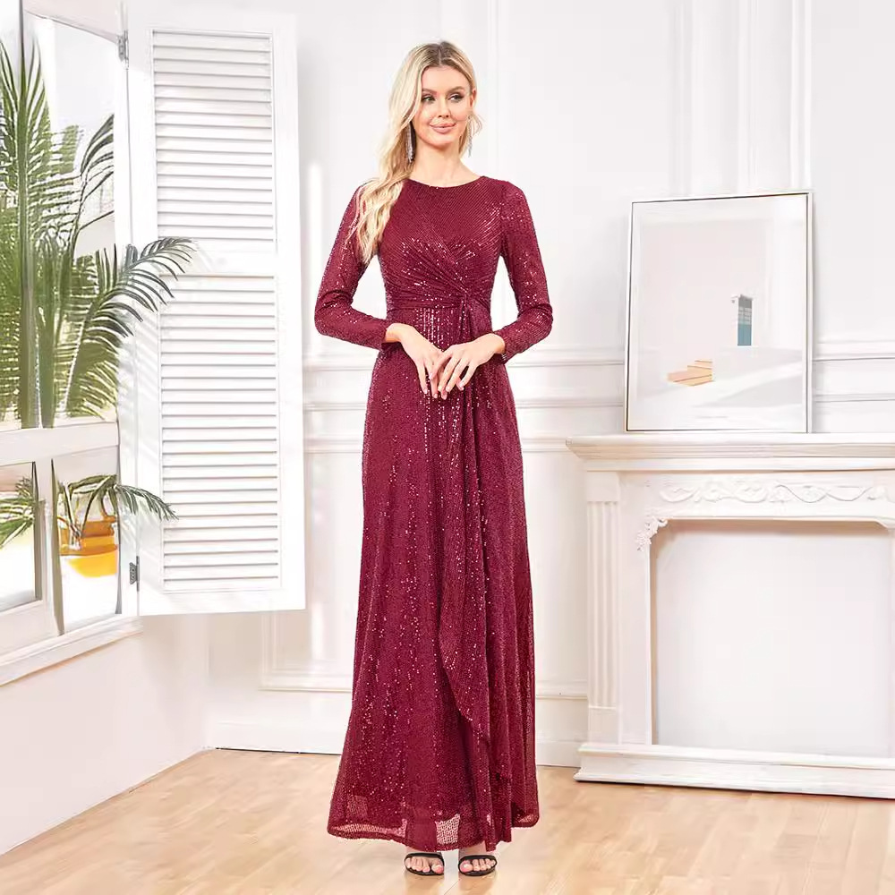 2023 new European and American cross-border hot selling long-sleeved o-neck fishtail banquet evening dress dress banquet dress for women now