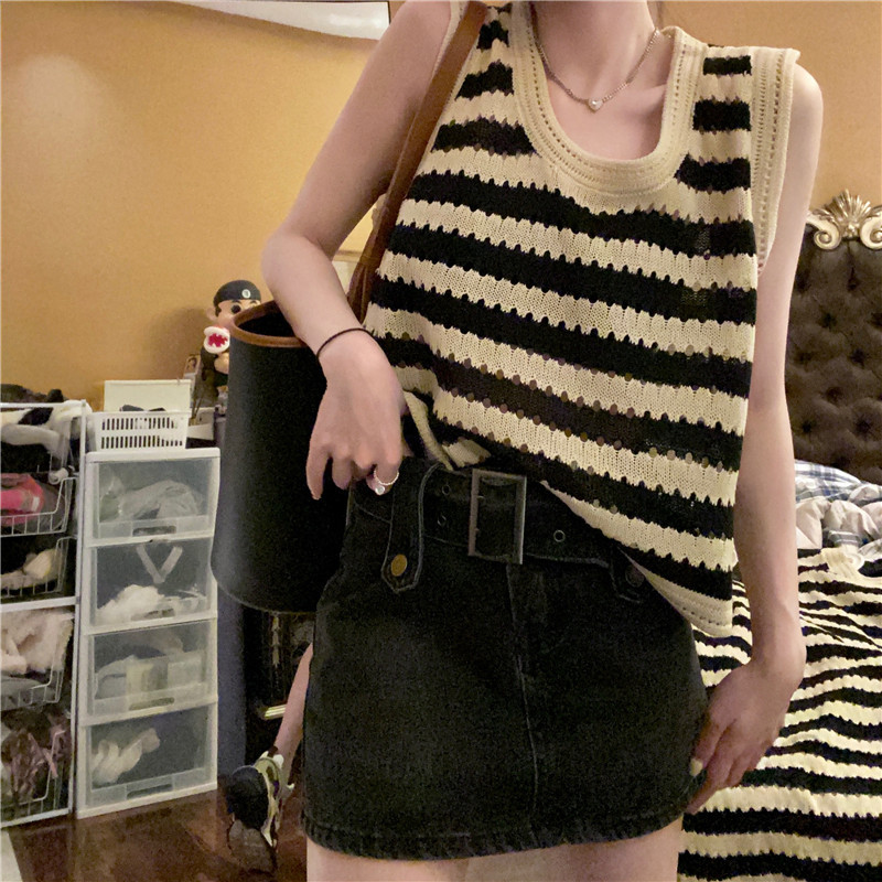 200 Jin Women's New Striped Short-sleeved Knitted Skirt Loose Vest Long and Short Optional Fat mm Slim