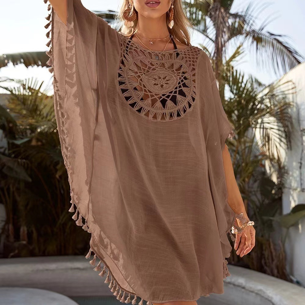 Picture of Loose bikini tassel blouse beach coat women's hollow pullover hot spring blouse seaside sun protection swimsuit outer wear