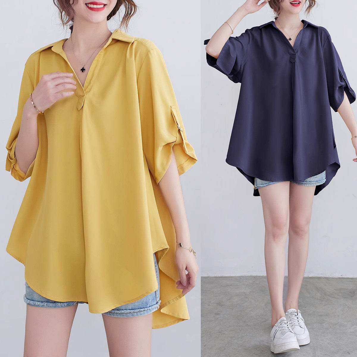 Chiffon Blouse for Women Summer 100kg Plus-Size Korean Version Loose Tummy-Concealing Slimming Waist-Cinching Elegant A-Line Shirt