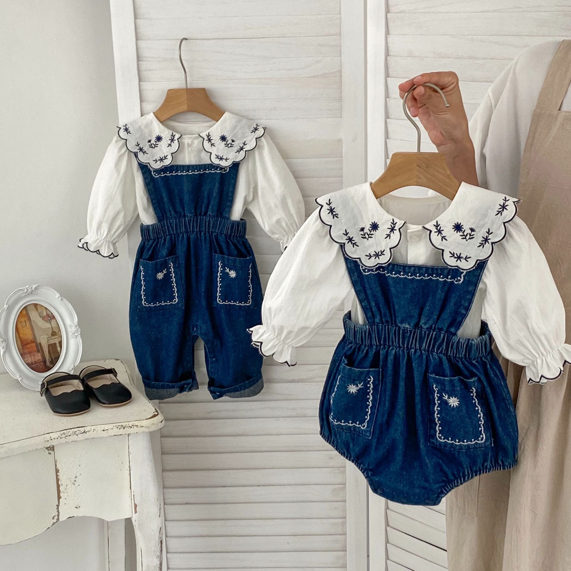 Picture of 2025 New Korean Style Baby Girl Embroidered Denim Suspender Harness Easiest for Match Outerwear Baby Jumpsuit Long Climbing Clothes
