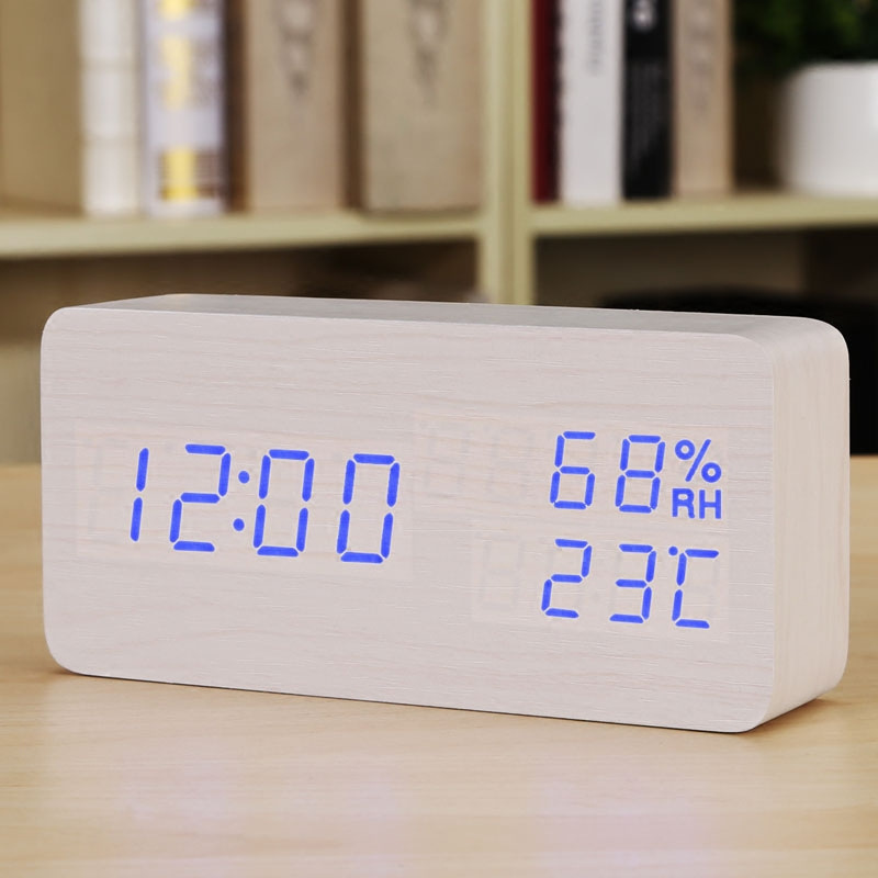 Picture of Creative led wooden clock rectangular indoor temperature hygrometer voice control electronic clock simple wooden alarm clock