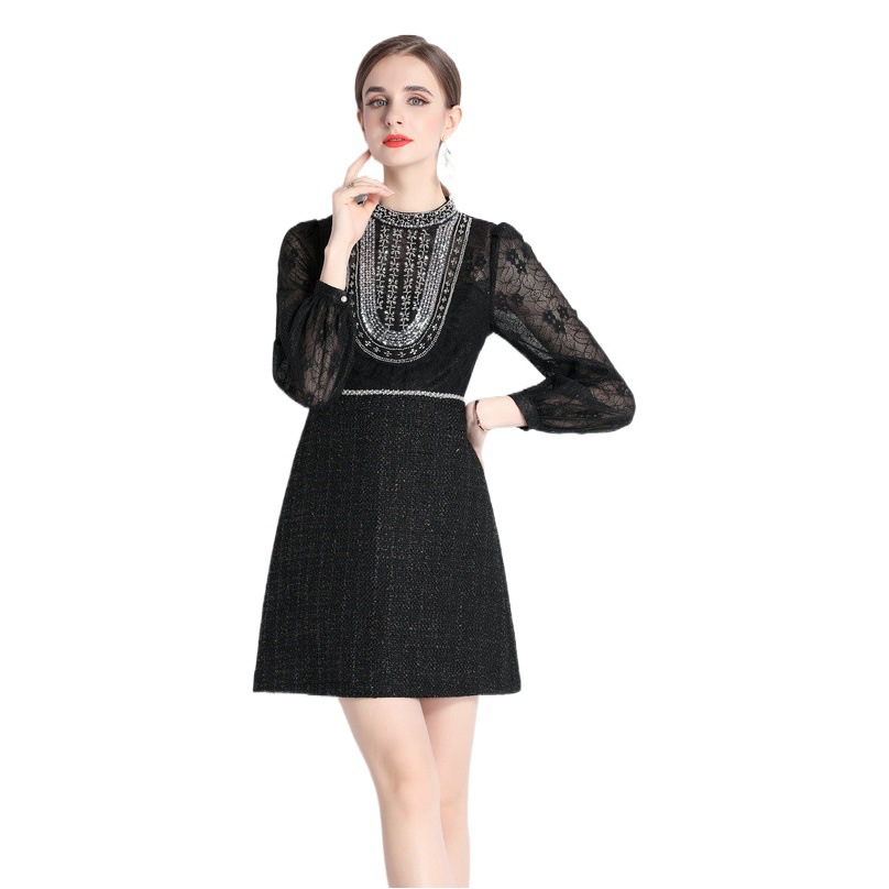 Black French Style Ladies Elegant Lace Dress Women's 2023 Spring and Autumn New Mesh Embroidered Princess Dress