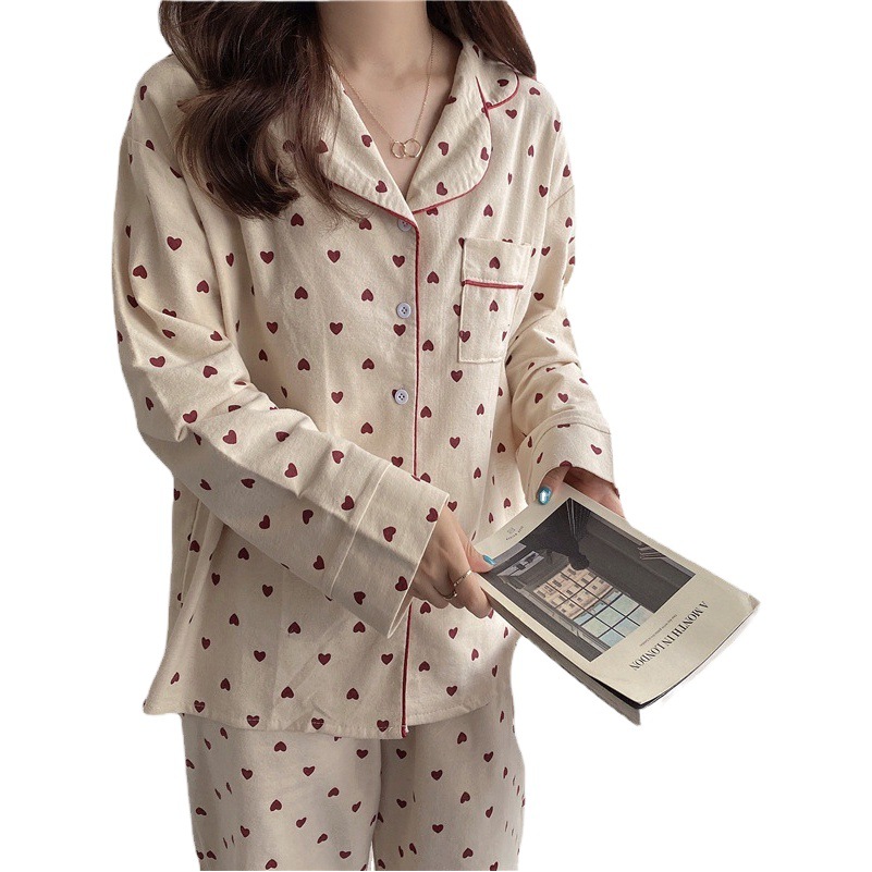 Brushed sweet love long-sleeved pajamas women's Korean-style loose suit cute student new home wear