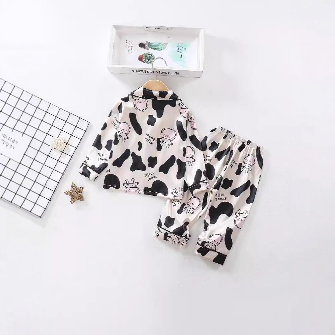 Picture of Aliexpress Girls Simulated Silk Pajamas 2024 New Children's Cute Home Clothes Cartoon Cow Thin Air Conditioning Clothes