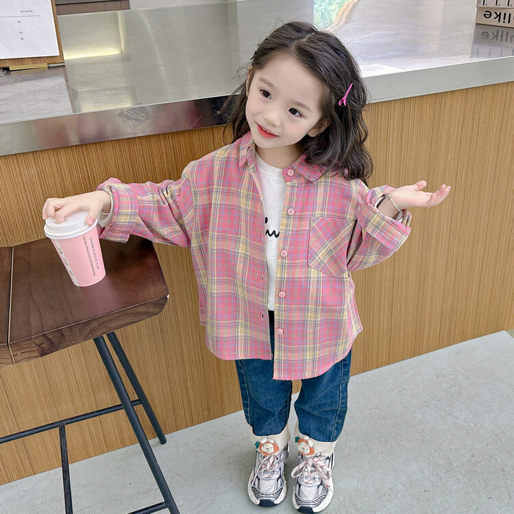 Picture of Autumn new children's pink plaid long sleeve shirt girls casual cartoon rabbit shirt top