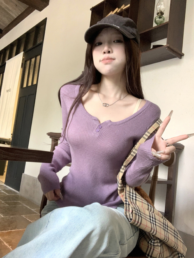 Elegant Purple Half Open Collar Knit Sweater Women's Autumn and Winter Design Niche Chic Soft Waxy Base Shirt Top