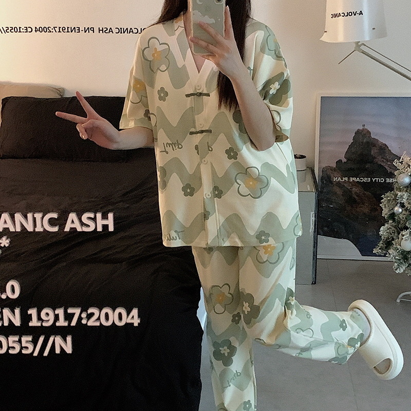 New style pajamas women's short-sleeved trousers ancient style summer suit student sweet cute National style home wear live hot