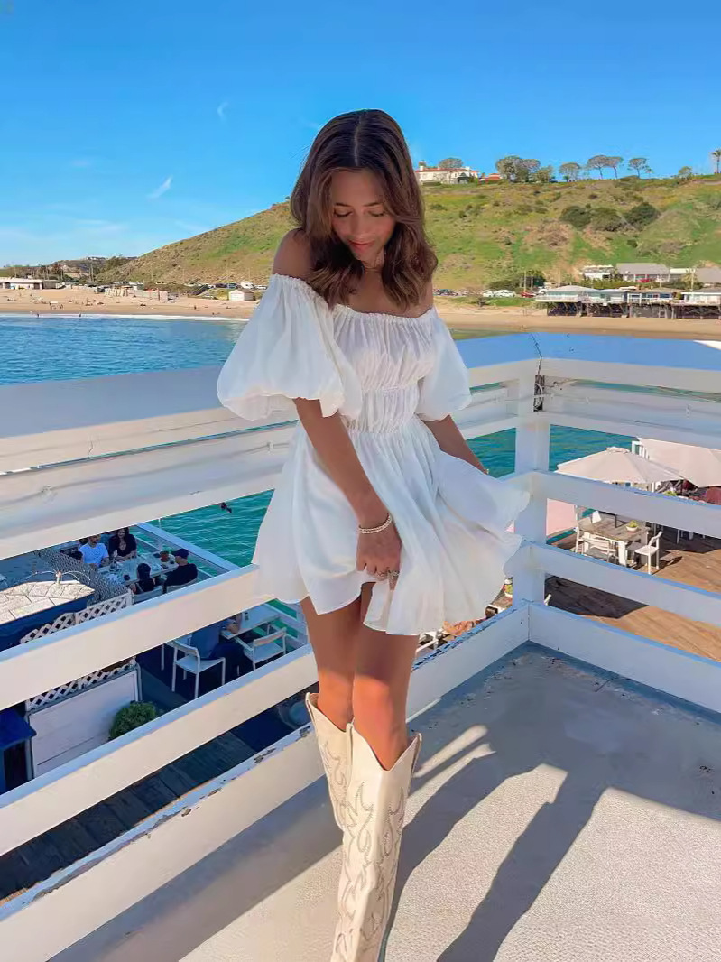 Aliexpress Ebay Amazon European and American Export Off-Shoulder One-Line Collar Casual Puff Sleeve Dress Fashion