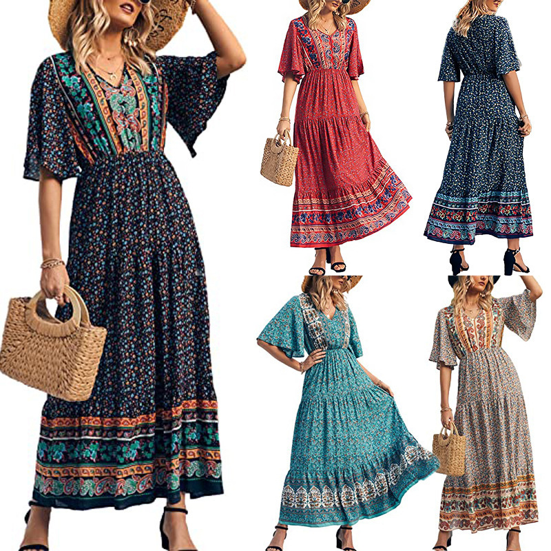 wish2024 Summer New Amazon Explosions Women's Bohemian dress Beach Vacation Long Dress