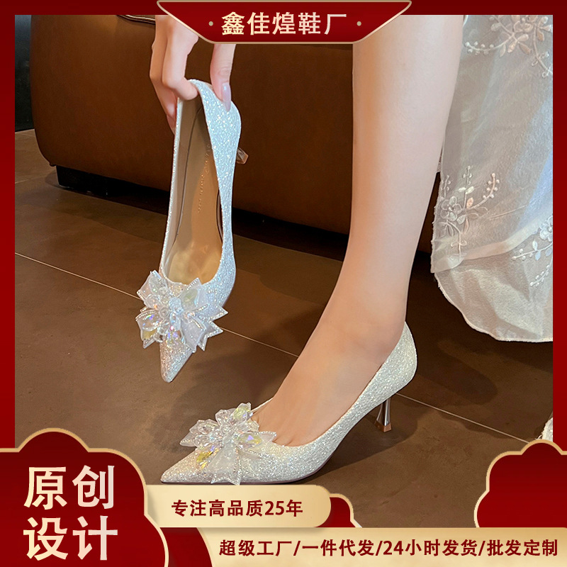 3356-26 Goddess Fairy Fan ~ Crystal Bow High Heels Women's Pointed Heel Wedding Shoes Bridesmaid Banquet Shoes