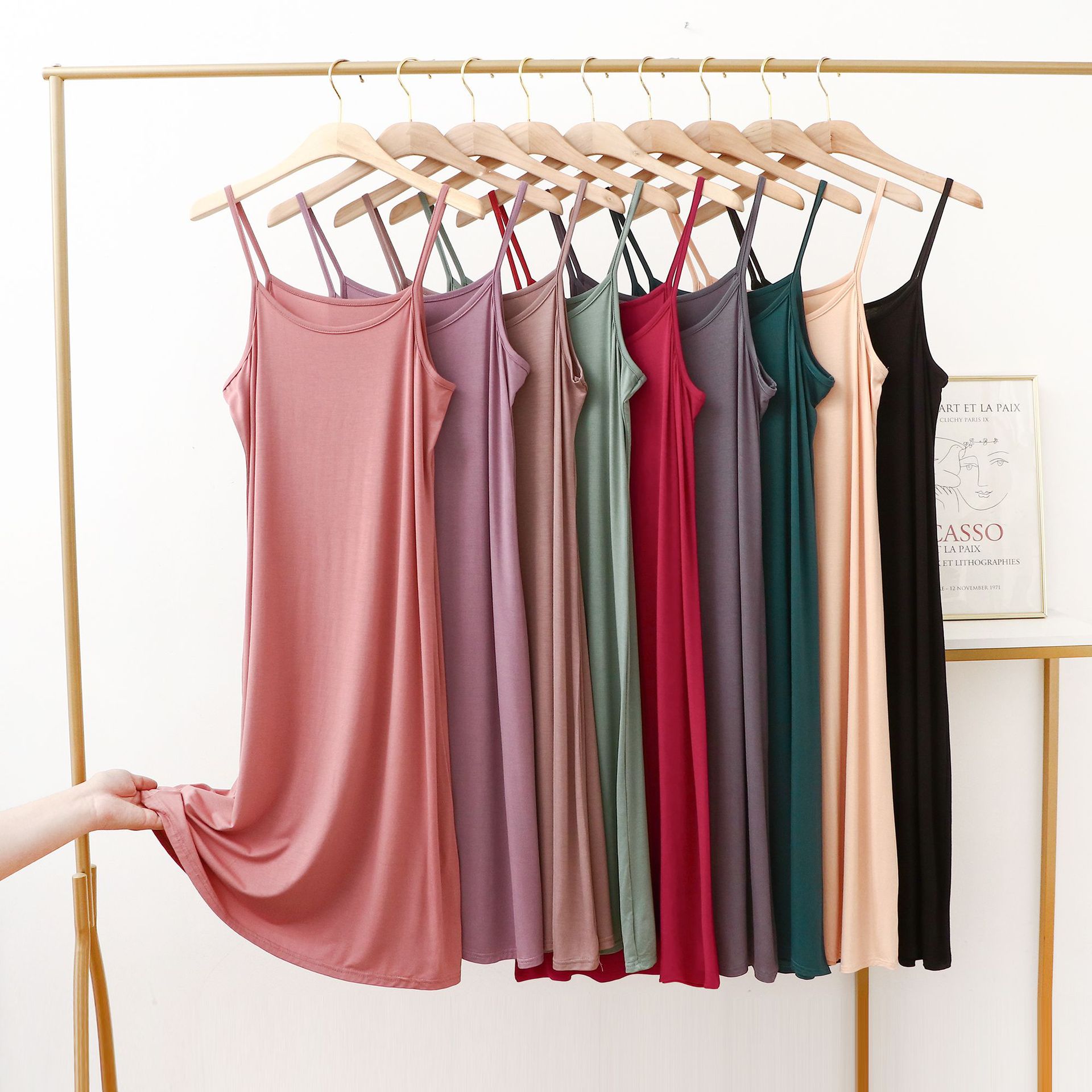 Chubby Girl Summer new modal inner dress solid color casual loose suspender skirt mid-length plus size dress