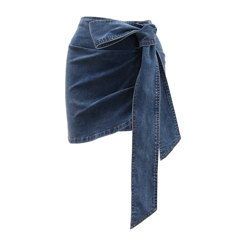 European and American style summer sexy short skirt side bow strap light blue Denim skirt fashion
