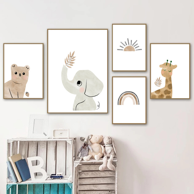 Picture of Amazon Nordic Poster Cartoon Bear Elephant Giraffe Sloth Sun Rainbow Mural Children's Room Decoration Poster