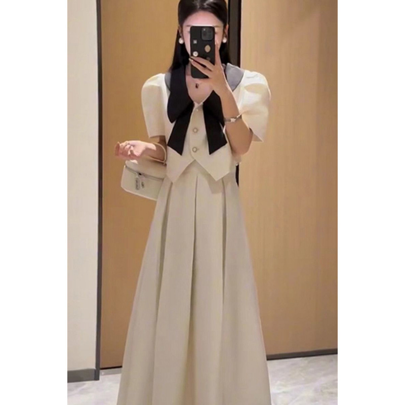 2025 New Summer Suit Small Fragrance Contrasting Color Puff Sleeve Short Jacket High Waist Skirt for Women