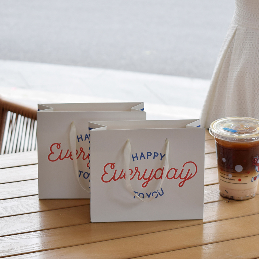Gray Square English Cartoon White Card Handbag in stock Cute Thickened Contrast Color Birthday Gift Packaging Paper Bag