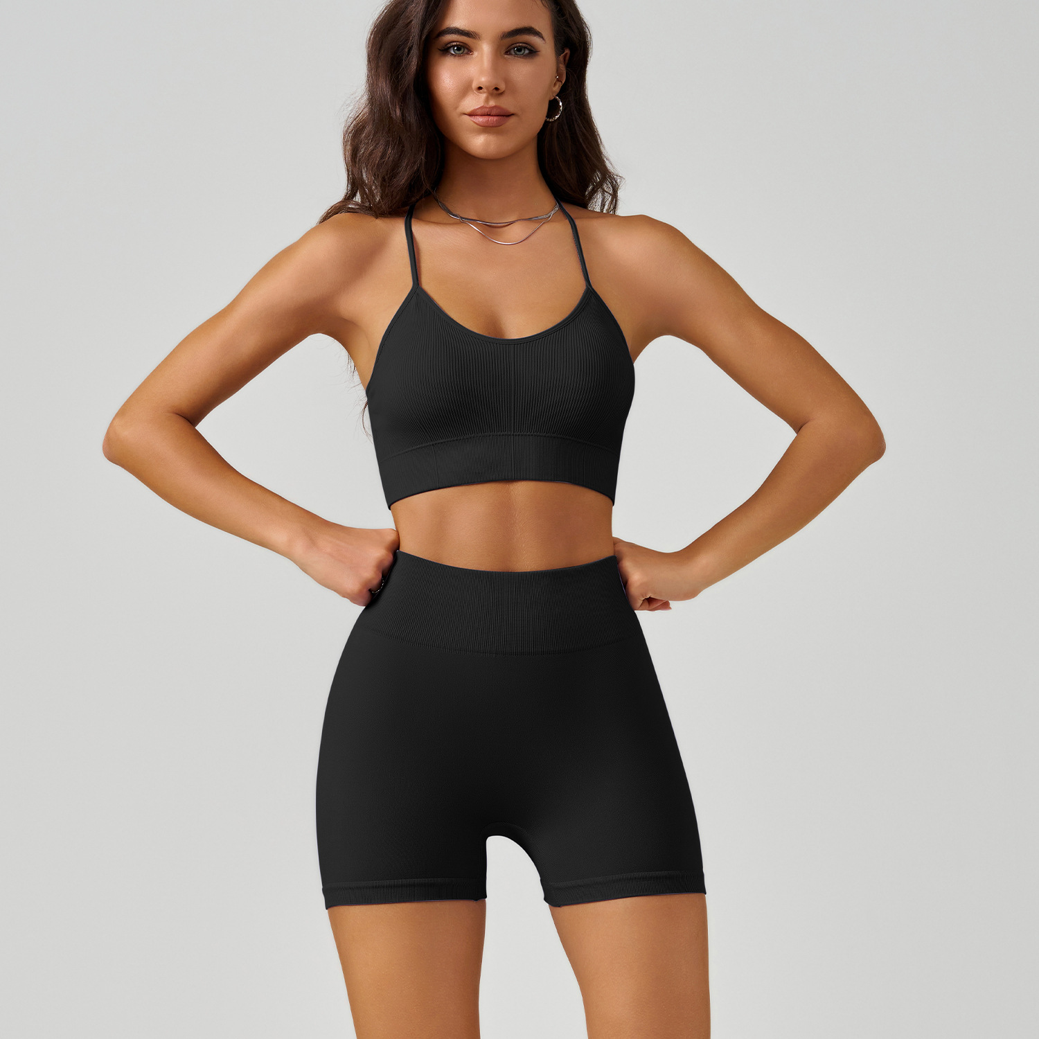 Picture of Cross-Back Yoga Vest suit Thin Shoulder Strap Sports Bra High Waist Belly Peach Hip Yoga Shorts