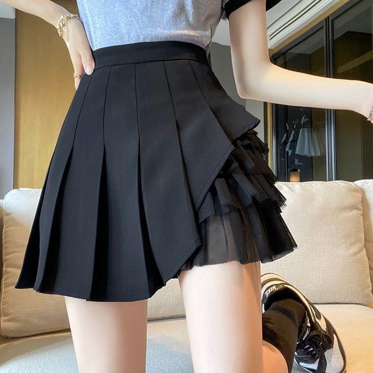 Mesh Stitching Pleated Skirt Women's Design Sense Niche Spring and Autumn High Waist Slim White Chiffon A- line Short Skirt