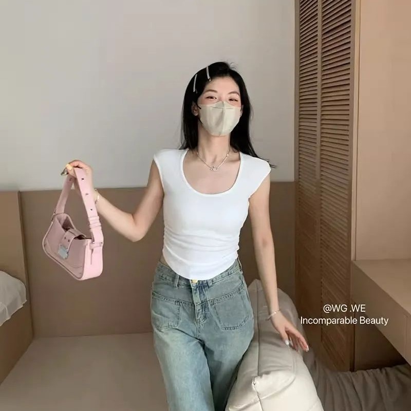 Pure Slim-fit Slimming Pleated Tee Women's Summer High Waist Short Solid Color Simple U-collar Short-sleeved Irregular Trendy Top