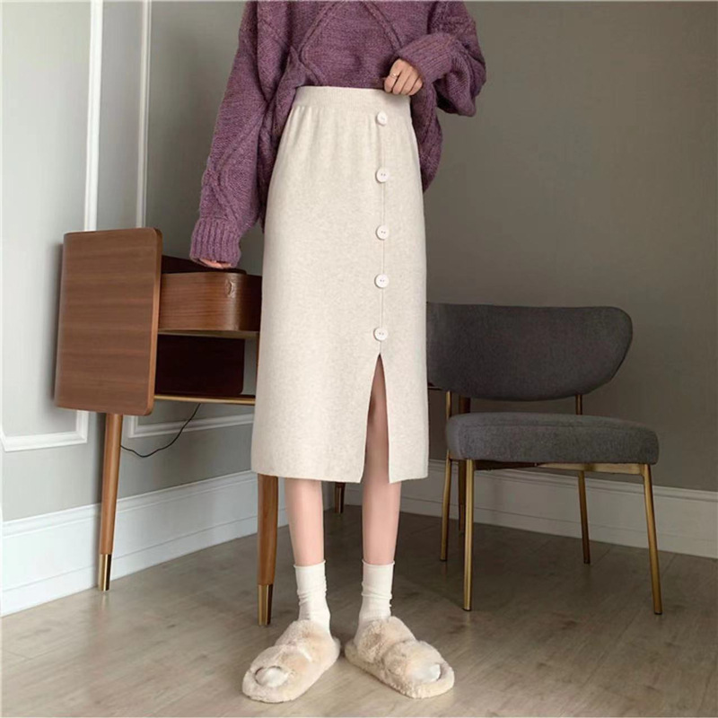 2024 Early Autumn Korean Style New Knitted Skirt Women's Hems Split Solid Color Button Straight Tube Knitted Skirt Mid-Length