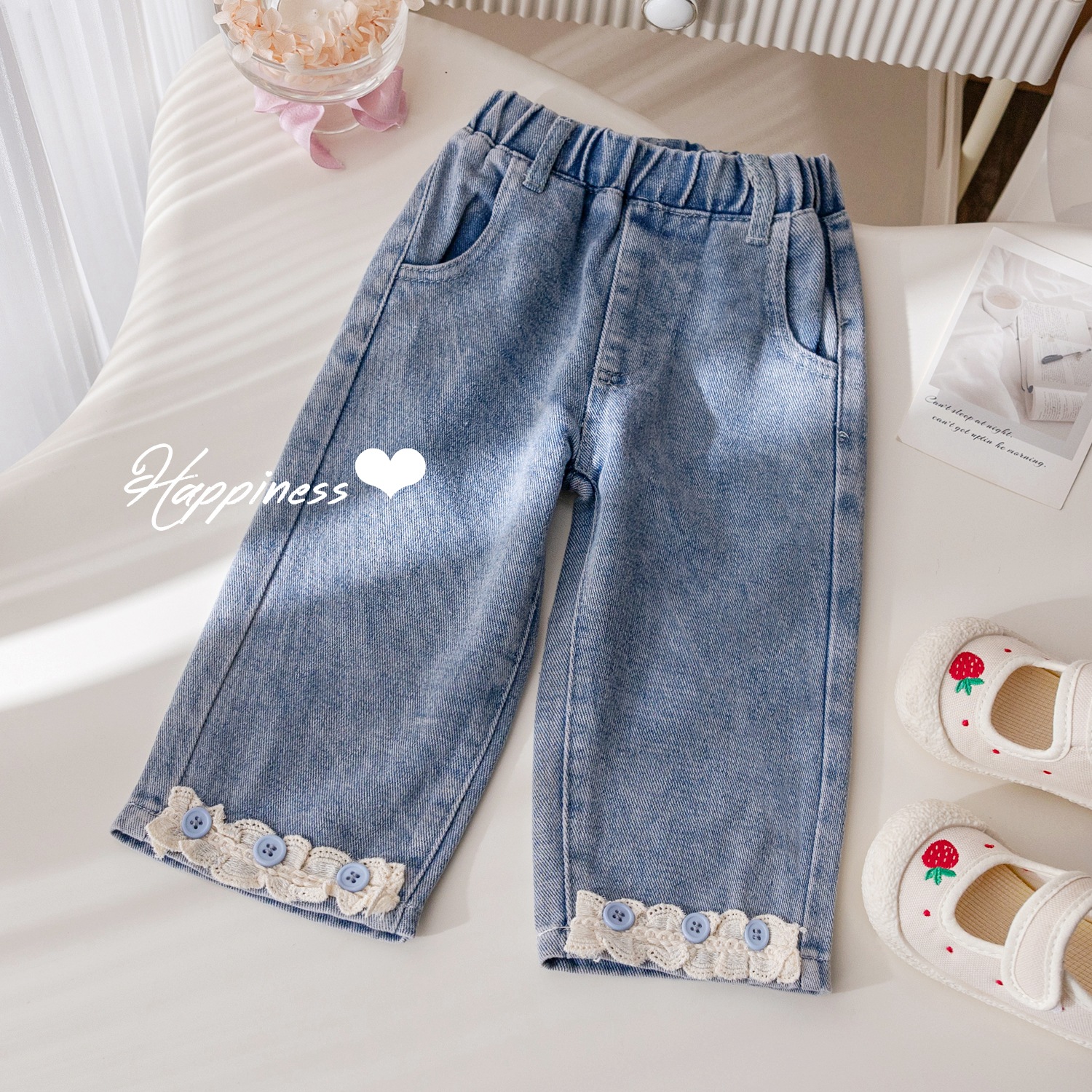 Picture of Girls' Jeans Spring and Autumn New Fashionable Lace Lace Casual Pants Baby Female Korean Style Western Style Straight Trendy Trousers