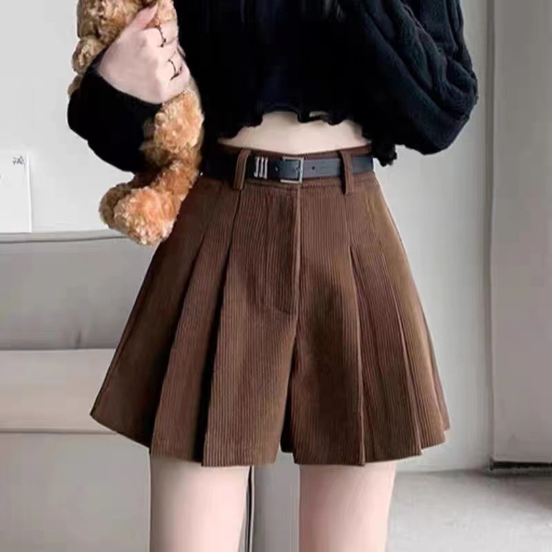 Picture of khaki Corduroy Shorts Women's Autumn and Winter High Waist Outer Wear European Pant Skirt Casual Maillard A- Line Pleated Skirt Pants