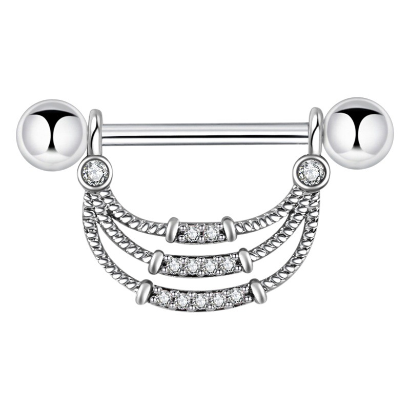 New 3-row zircon geometric three-dimensional breast ring 316 stainless steel body piercing cross-border jewelry wholesale