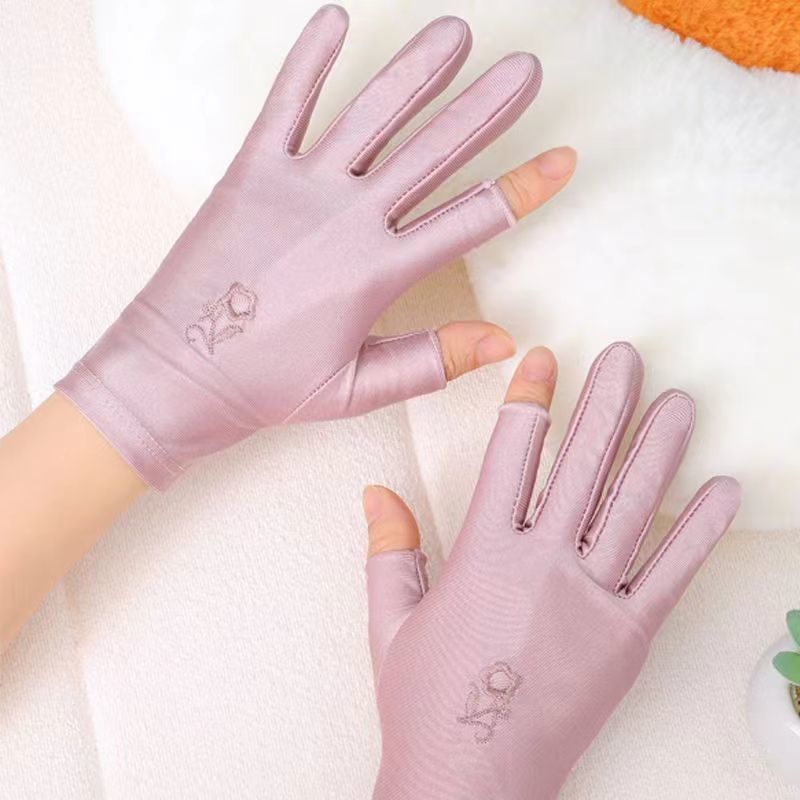 Sunscreen Gloves Summer Thin Breathable Wear-Resistant Embroidered Dew Two-Finger Touchscreen Tea Picking for Traveling, Riding and Driving