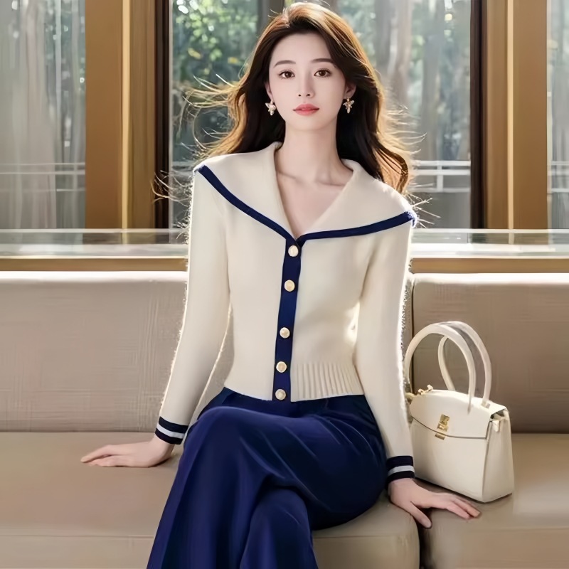 Fashionable Lazy Style White and Blue Color-Blocked Navy Collar Long-Sleeved Knitted Cardigan for Women in Autumn and Winter, Versatile and Good-Looking Age-Reducing Shirt