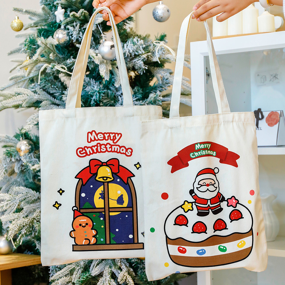 Cartoon Santa Claus Canvas Bag Student Christmas Portable Canvas Bag Large Capacity Shoulder Bag Christmas Gift Bag