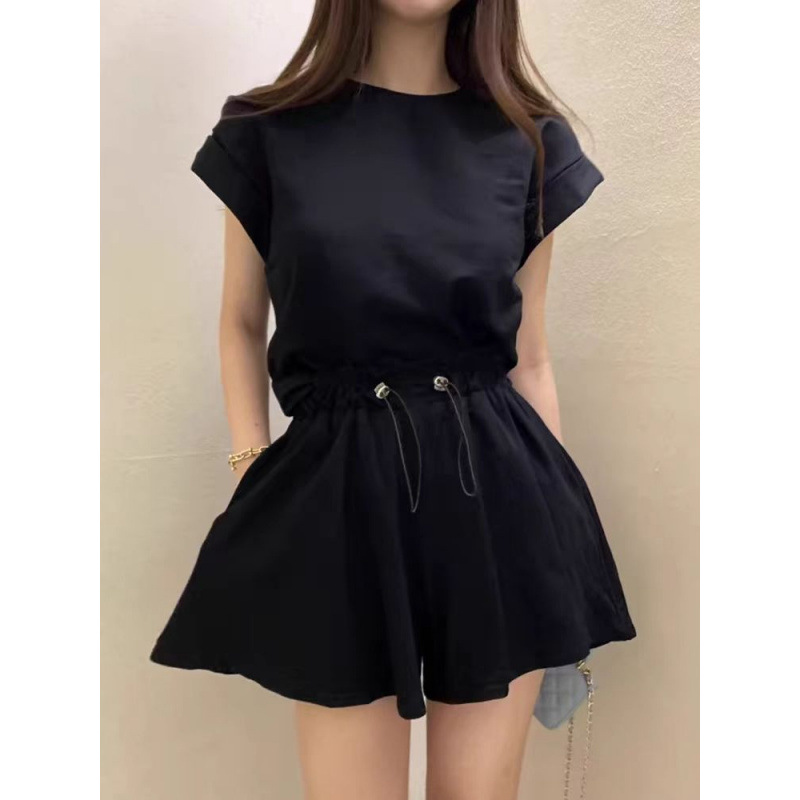 Korean Summer Design Niche Elegant Back Slit Strap Short-Sleeved T-Shirt Top + Drawstring Shorts Two-Piece Set