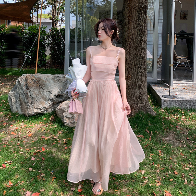 Seaside Holiday French dress 2024 New Women's Pink Fairy Skirt Super Fairy Mori Style Slip Skirt Women's Summer