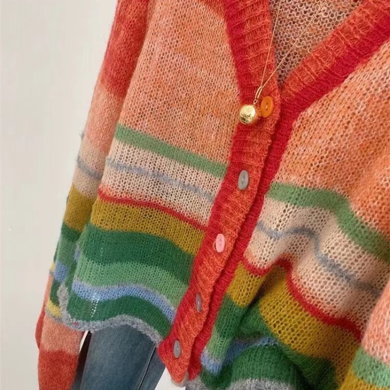 Picture of Rainbow Contrast Color V-neck Sweater Women's Autumn and Winter High-end Sense Super Good-looking Cardigan Jacket Candy Color Sweater Top Trendy
